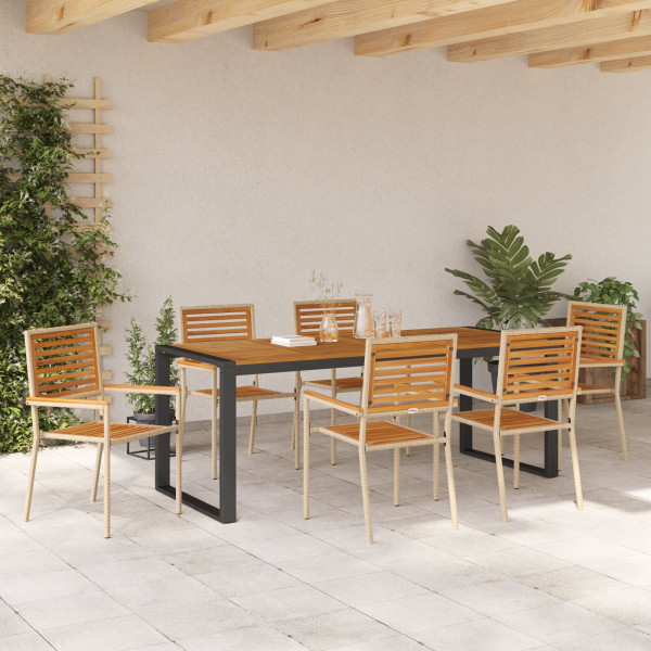 Juego de Comedor de Jardín de 7 Piezas Beige Polyratán Acacia. Sillas Apilables para Jardín con Cojines - Conjunto de 2 en Beige M 4