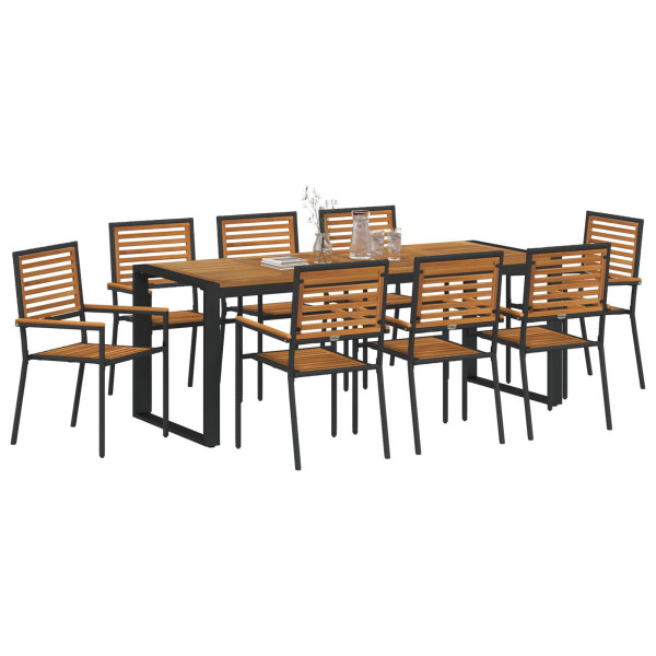 Juego de Comedor de Jardín de 9 Piezas Negro de Polirratán y Acacia. Sillas de Jardín Apilables de  con Cojines 2 pcs Negro de P M 3