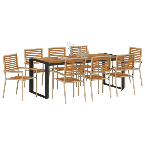 Juego de Comedor de Jardín de 9 Piezas  Beige Poliratán Acacia. Sillas de Jardín Apilables  con Cojines - Conjunto de 2 en Beige M 3