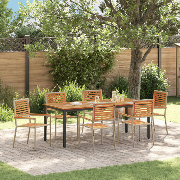 Juego de Comedor de Jardín de 7 Piezas Beige Poly Rattan Acacia. Sillas Apilables con Cojines - Set de 2 en Beige Poly Rattan. M D