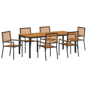 Juego de Comedor de Jardín de 7 Piezas Negro Poliratán Acacia.  Sillas de Jardín Apilables con Cojines 2 pcs Negro Poliratán.  M H