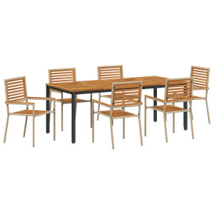 Conjunto de Comedor de Jardín  de 7 piezas Beige de Polirratán Acacia. Sillas de Jardín Apilables  con Cojines - 2 Piezas en Bei H