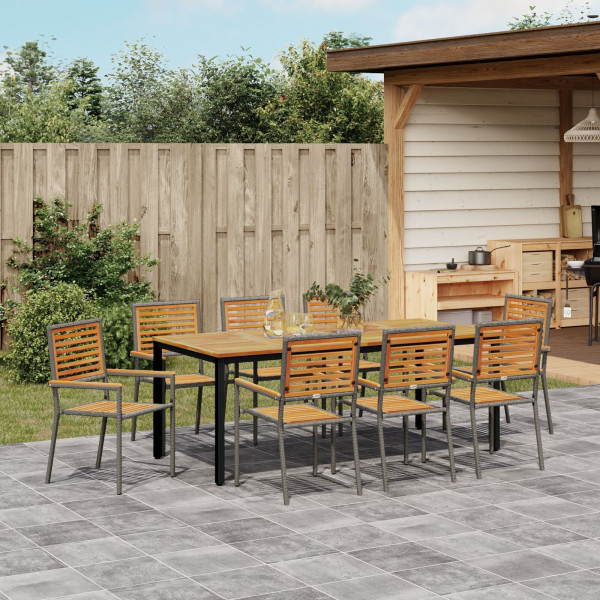 Juego de Comedor de Jardín de 9 Piezas Gris de Poliratán y Acacia. Sillas de Jardín Apilables de  con Cojines 2 pcs Gris Polirat M 4