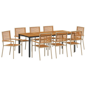 Conjunto de Comedor de Jardín de 9 Piezas Poliratán Beige Acacia. Sillas de Jardín Apilables de  con Cojines - Conjunto de 2 en  H