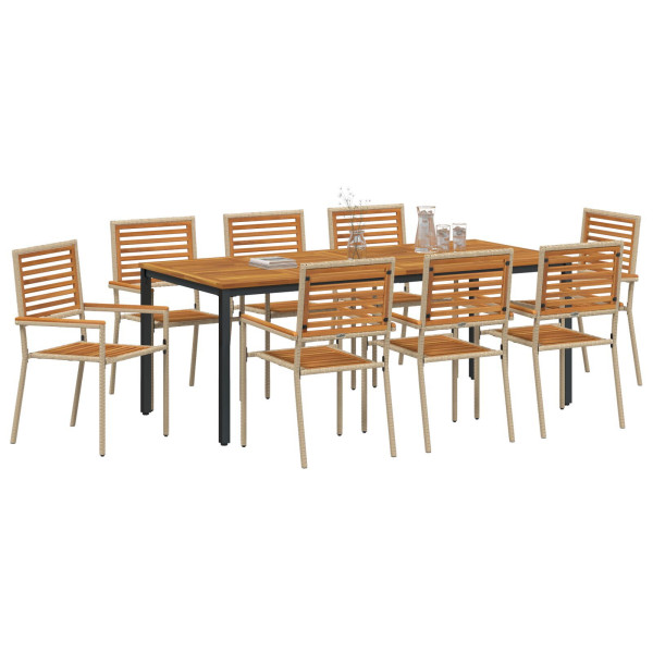 Conjunto de Comedor de Jardín de 9 Piezas Poliratán Beige Acacia. Sillas de Jardín Apilables de  con Cojines - Conjunto de 2 en  M 3