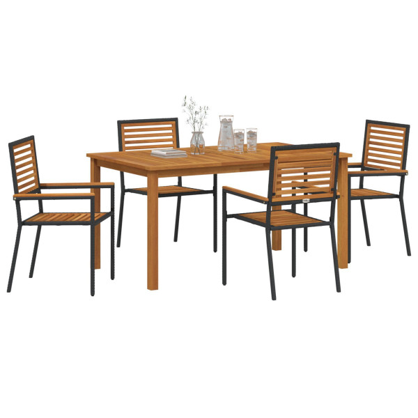 Conjunto de Comedor de Jardín  de 5 Piezas Ratan Poliéster Negro Acacia. Sillas de Jardín Apilables  con Cojines 2 pcs Ratan Pol M 3