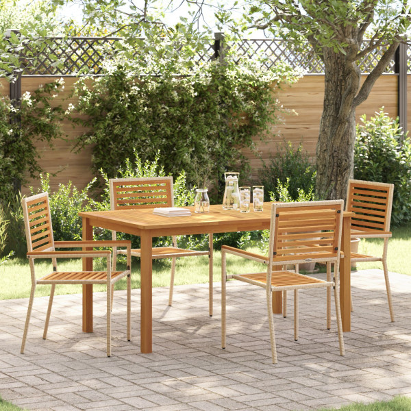 Conjunto de comedor de jardín de 5 piezas  Beige Poliratán Acacia. Sillas de jardín apilables de  con cojines - Conjunto de 2 en D