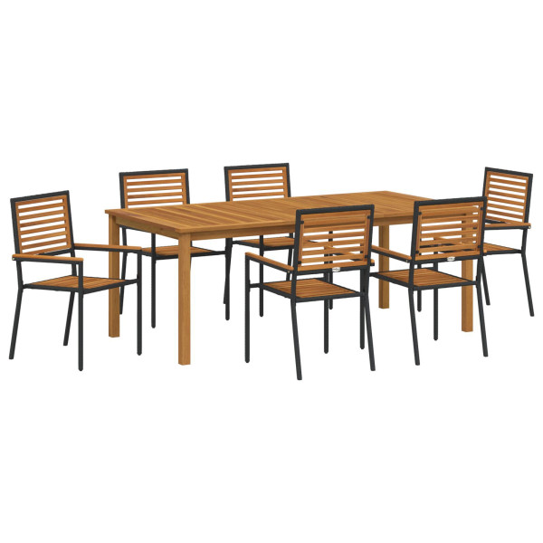 Conjunto de Comedor de Jardín  de 7 Piezas Negro Policarbonato Acacia. Sillas de Jardín Apilables  con Cojines 2 pcs Negro Polic M 2