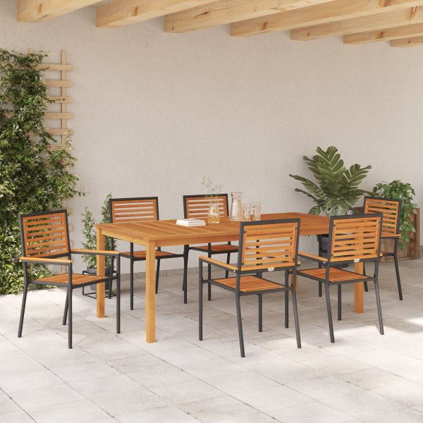 Conjunto de Comedor de Jardín  de 7 Piezas Negro Policarbonato Acacia. Sillas de Jardín Apilables  con Cojines 2 pcs Negro Polic M 4