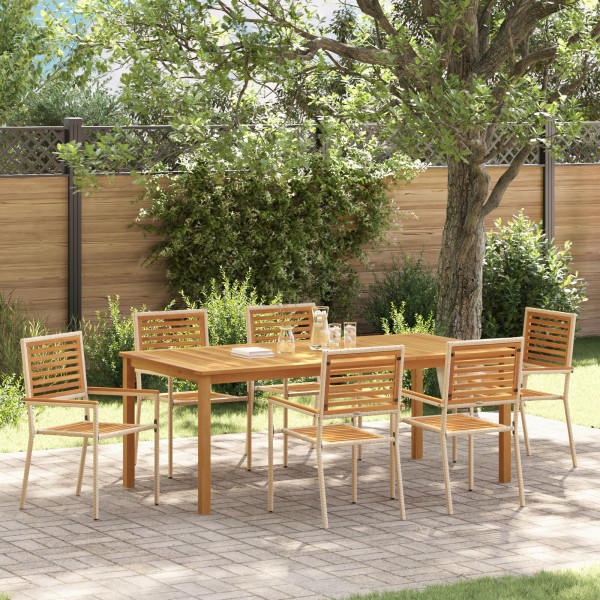 Set de Comedor de Jardín  de 7 Piezas Beige Poliratán Acacia. Sillas de Jardín apilables  con cojines - Conjunto de 2 en Polirat D