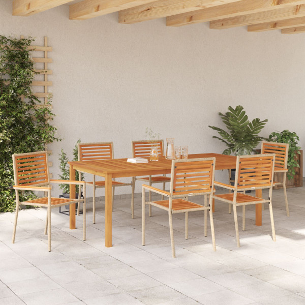 Set de Comedor de Jardín  de 7 Piezas Beige Poliratán Acacia. Sillas de Jardín apilables  con cojines - Conjunto de 2 en Polirat M 4