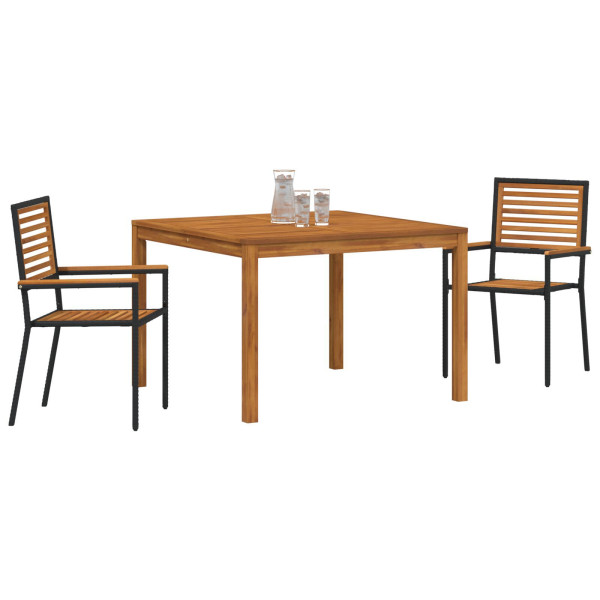 Conjunto de Comedor de Jardín de 3 Piezas  de Poliratán Negro y Acacia. Sillas Apilables de Jardín con Cojines 2 pcs Poliratán N M 3