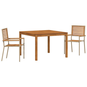 Conjunto de Comedor de Jardín de 3 Piezas Beige de Polyratán y Acacia. Sillas Apilables de Jardín con Cojines - Conjunto de 2 en H