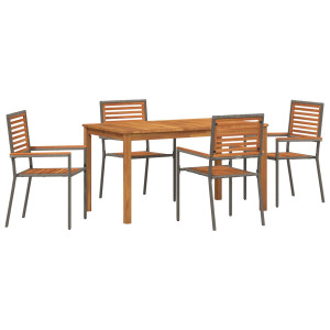 Juego de Comedor de Jardín de 5 piezas Gris Poliratán Acacia. Sillas de Jardín Apilables  con Cojines 2 pcs Gris Poliratán H
