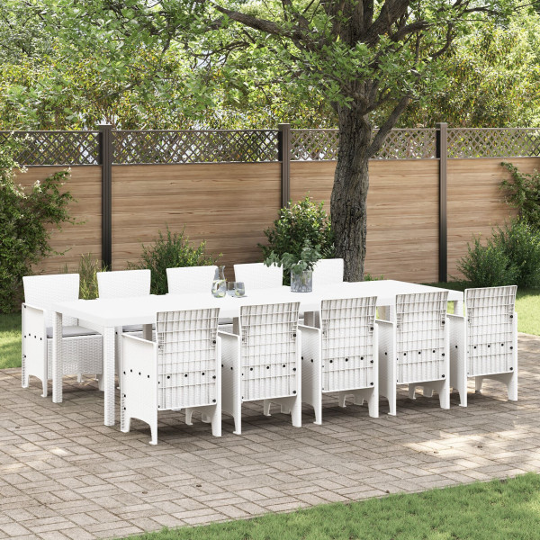 Set de Comedor de Jardín  de 11 Piezas con Cojines Blanco Poliratán. Mesa de Jardín  Blanca 150x100x73 cm Poliratán. Sillas de J D