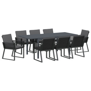 Juego de Comedor de Jardín de 9 Piezas con Cojines Ratan Negro Poliéster.  Mesa de Jardín Extendible Antracita (140-210)x90x73 c H