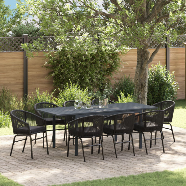 Juego de Comedor de Jardín de 10 Piezas con Cojines Negro Rattan Sintético.  Mesa de Jardín Extensible Anthracite (140-210)x90x7 D
