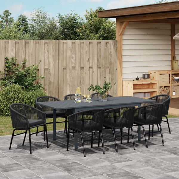 Juego de Comedor de Jardín de 10 Piezas con Cojines Negro Rattan Sintético.  Mesa de Jardín Extensible Anthracite (140-210)x90x7 M 3