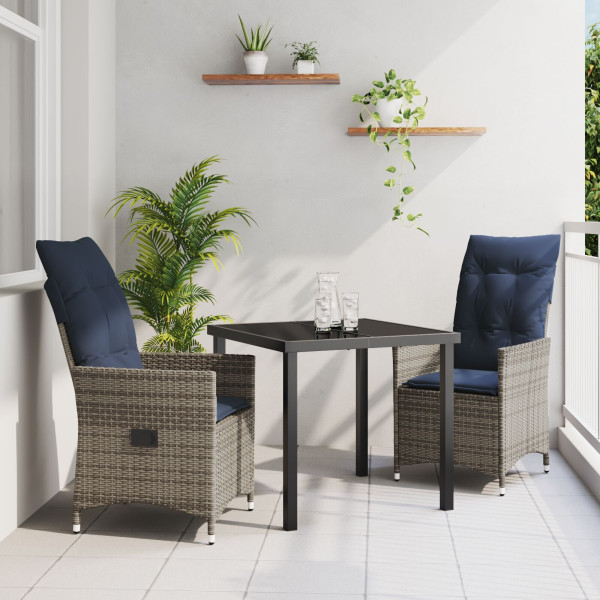 Juego de Comedor de Jardín de 3 Piezas con Cojines de Ratán Gris de . Mesa de Jardín Negra  80x80x73 cm con Cristal Templado D