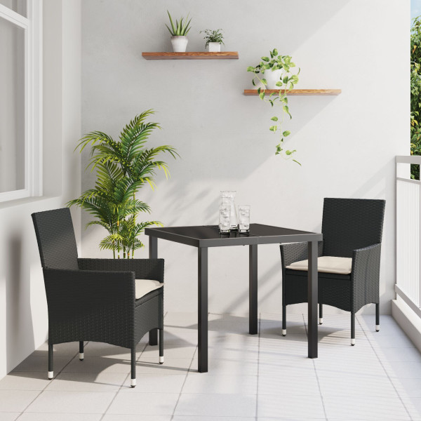 Conjunto de Cena de Jardín de 5 Piezas con Cojines Negro de Poliratán. Mesa de Jardín  Negra 80x80x73 cm con Vidrio Templado D