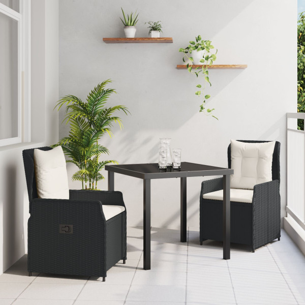 Set de comedor de jardín de 5 piezas en poliratán negro.  Mesa de jardín negra 80x80x73 cm Vidrio templado D