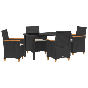 Conjunto de Jantar de Jardim com 5 Peças e Almofadas Preto em Rattan de Polipropileno H