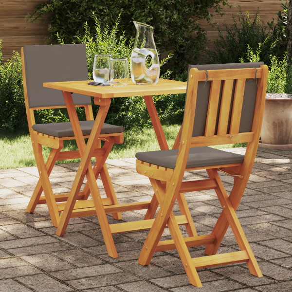 Set Bistro Plegable de 3 Piezas con Cojines. Madera Maciza de Acacia D