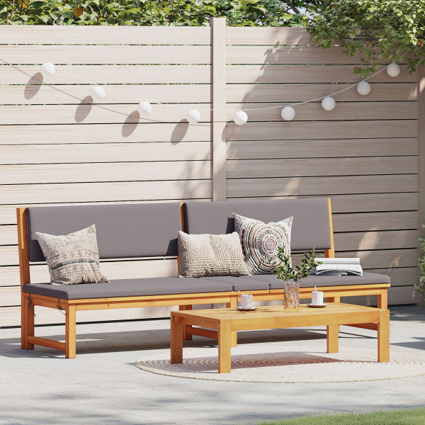 Tumbona 3 en 1 con cojines gris claro de madera maciza de acacia D