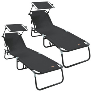 Espreguiçadeiras Dobráveis 2 pcs com Toldo Preto Tecido Oxford 600D H