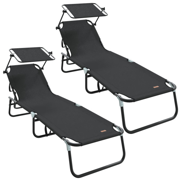 Tumbonas Plegables de 2 Pcs con Sombrilla Negra Tela Oxford 600D M 2