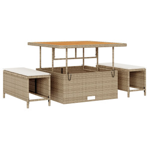 Juego de Comedor de Jardín de 3 Piezas con Cojines Beige Poli Ratán Acacia H