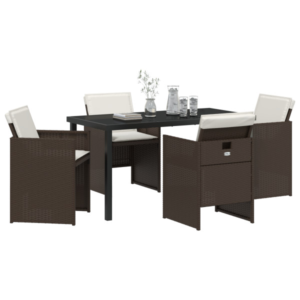 Set de Comedor de Jardín de 5 Piezas con Cojines de Poliratán Marrón.  Mesa de Jardín Negra 140x80x73 cm Cristal Templado M 3