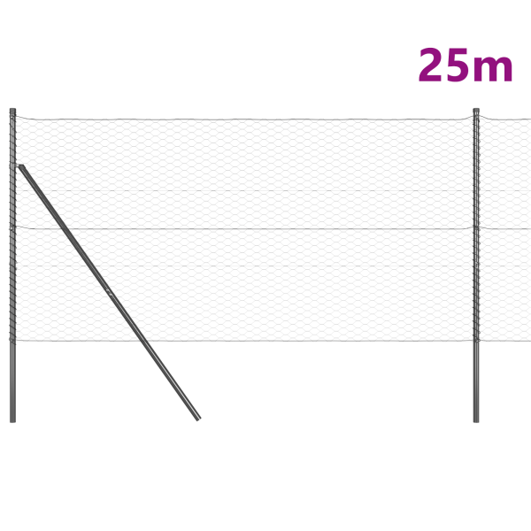 Cerca Hexagonal  Gris 1.4x25 m Acero. Postes de Cerca  13 pcs Gris Ø32 mm 190 cm Acero Galvanizado M 5