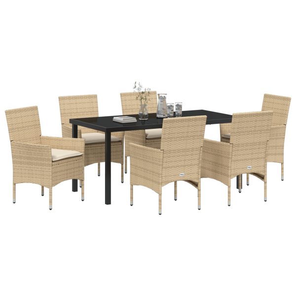 Juego de Comedor de Jardín de 7 Piezas con Cojines Beige Polirratán M 3