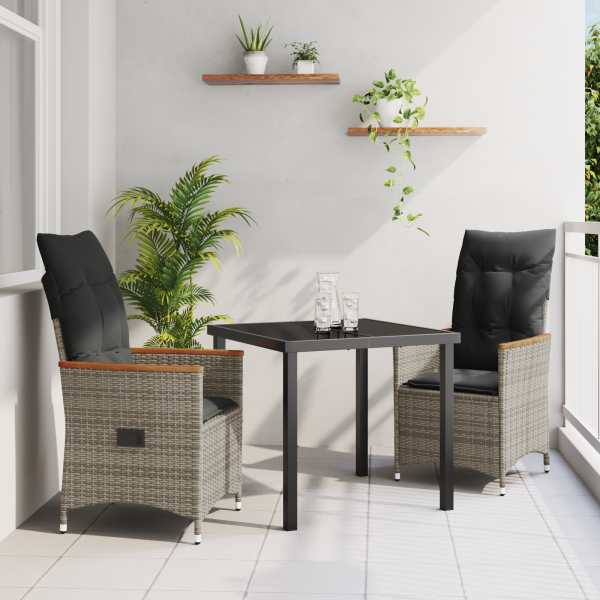 Set de 3 piezas de comedor de jardín con cojines gris de poliratán D