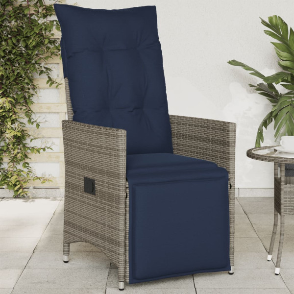 Silla de jardín reclinable con cojines de ratán sintético gris D