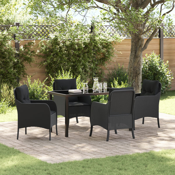 Set de Comedor de Jardín de 5 Piezas con Cojines Rattan Poliéster Negro D
