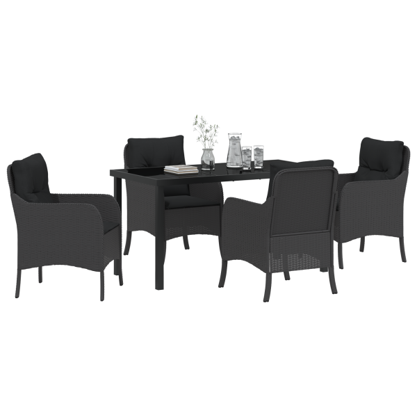 Set de Comedor de Jardín de 5 Piezas con Cojines Rattan Poliéster Negro M 3