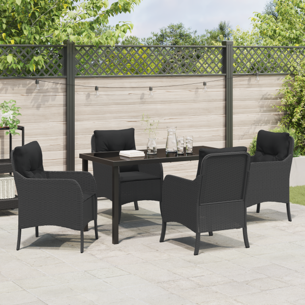 Set de Comedor de Jardín de 5 Piezas con Cojines Rattan Poliéster Negro M 4