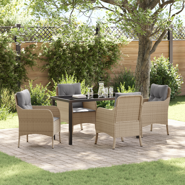 Juego de Comedor de Jardín de 5 Piezas con Cojines Beige Rattan Policarbonato D