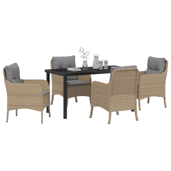Juego de Comedor de Jardín de 5 Piezas con Cojines Beige Rattan Policarbonato M 3