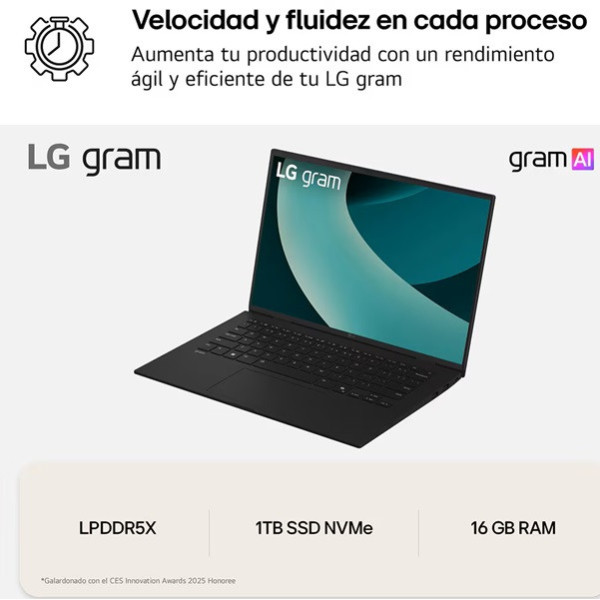 Portátil lg gram 16z90t-g.ad8bb intel core ultra 7-255h/ 32gb/ 2tb ssd/ 16'/ win11 M 5