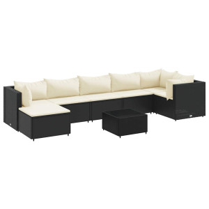 Set de muebles de jardín 8 pzas y cojines ratán sintético negro H