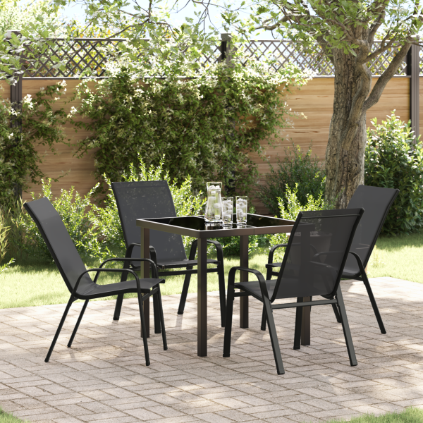 Conjunto de Comedor de Jardín de 5 Piezas Textilene Negro y Acero. Mesa de Jardín  Negra 80x80x73 cm Vidrio Templado D