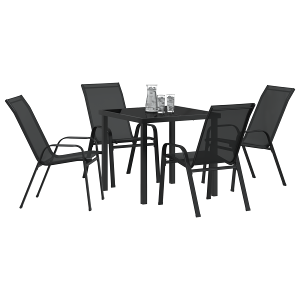 Conjunto de Comedor de Jardín de 5 Piezas Textilene Negro y Acero. Mesa de Jardín  Negra 80x80x73 cm Vidrio Templado M 3