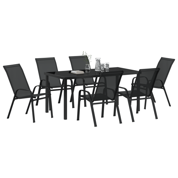 Set de Comedor de Jardín de 7 Piezas Negro Textileno y Acero. Mesa de Jardín  Negro 160x80x73 cm Vidrio Templado M 3