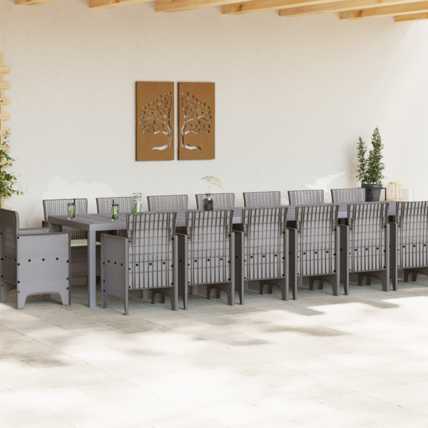 Juego de Comedor de Jardín de 17 Piezas con Cojines Gris Claro Poliratán. Mesa de Jardín Gris Claro 250x100x73 cm Poliratán. Mes M 3