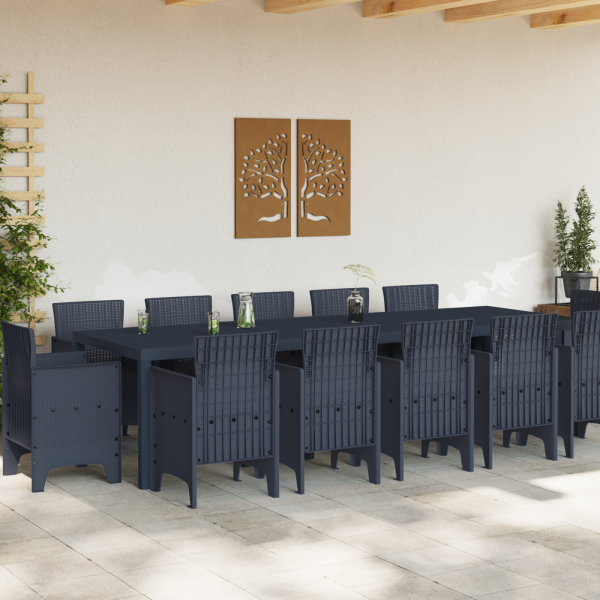 Conjunto de comedor de jardín  de 13 piezas antracita en polirratán. Mesa de jardín  antracita 150x100x73 cm en polirratán. Sill M 3