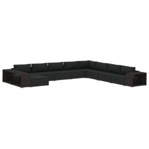 11 pcs conjunto lounge de jardim c/ almofadões vime PE preto H
