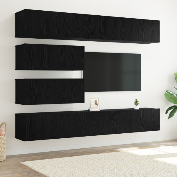 Conjunto de 6 Piezas de Cabinet de TV Montado en la Pared de Roble Negro de Madera Elaborada D